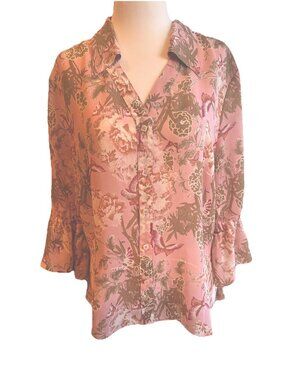 Tribal Shirt 14 Sheer Floral Overlay Pink Blouse Button Up Draw String Sleeves